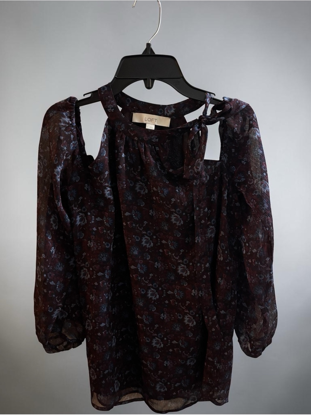 LOFT Floral Tie-Neck Cold-Shoulder Blouse in Plum and Dusty Blue